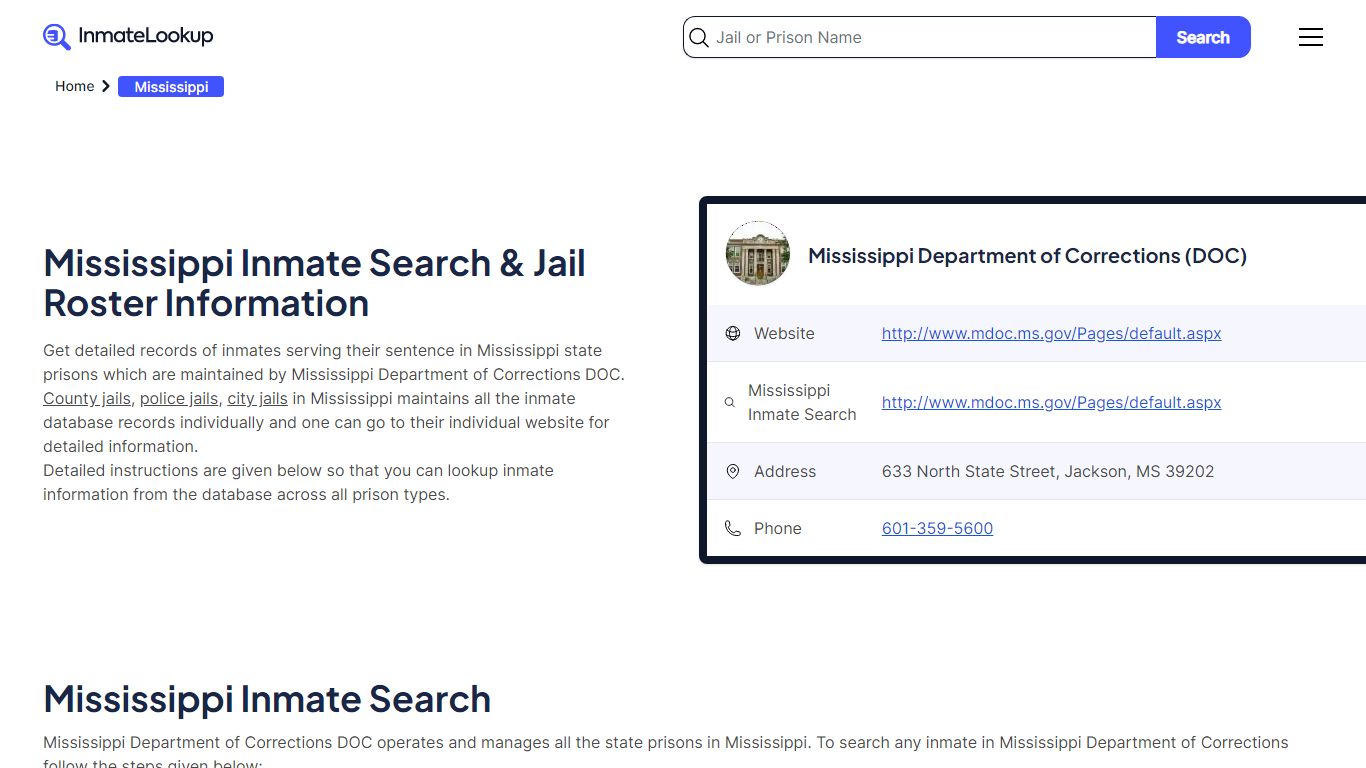 Mississippi Inmate Search - Mississippi Inmates - Inmate Lookup